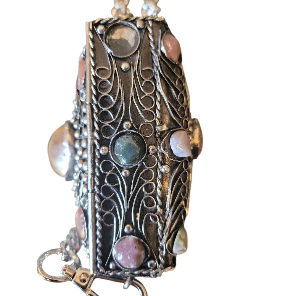 Vintage Sajai Metal Purse with Natural Agate Stones & Chain Strap - Picture 7 of 8